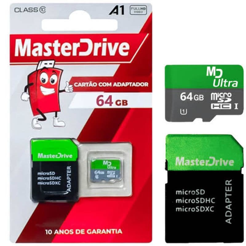 Kit 10 Cartão de Memória 64GB MicroSD Atacado Ultra Rápido MasterDrive Original Classe 10 Com Adaptador celular,camera