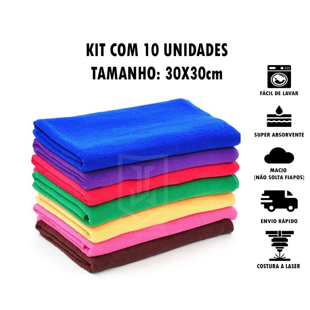 Kit 10 Panos Mágico de Limpeza Microfibra 30x30cm Alta Absorção Multiuso