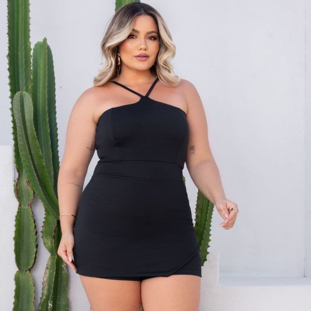 Macaquinho Feminino Plus Size Short Saia Alcinha Fina Forro Duplo Estica Festa até G4