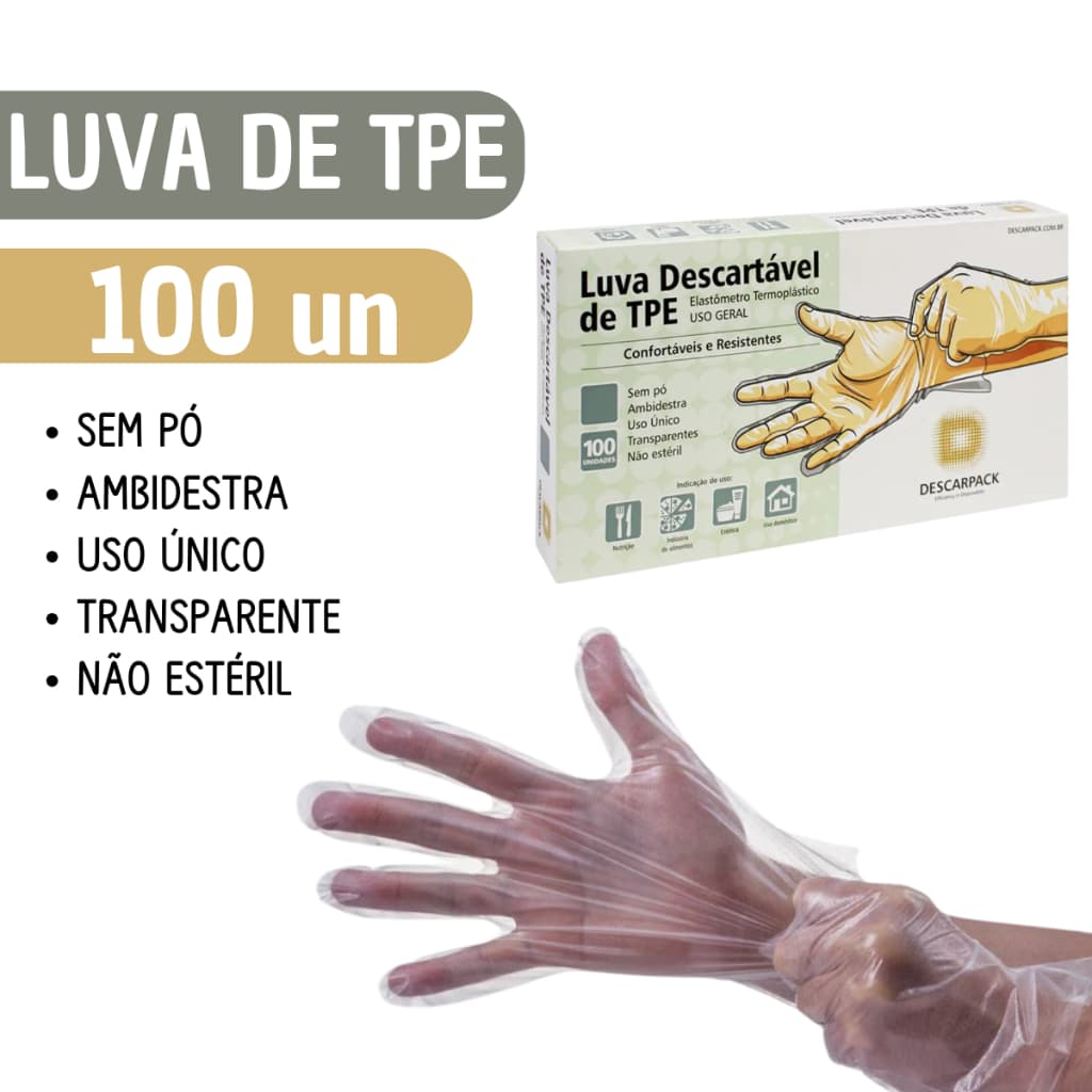 Luva Descartável Multiuso TPE Transparente Resistente DESCAPARCK  Sem Pó 100 UN *ENVIO NO MESMO DIA UTIL*