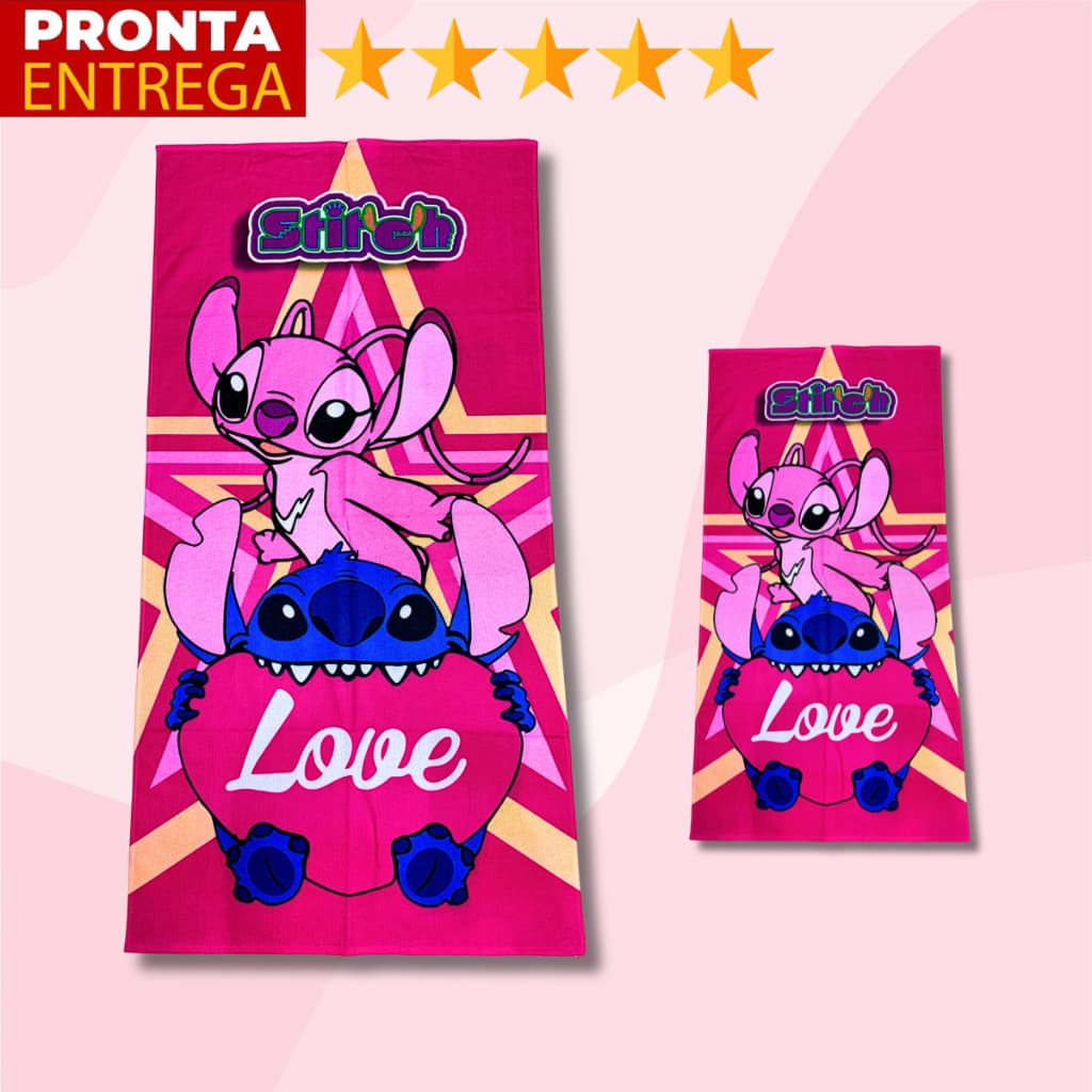 Toalha De Banho E Rosto Boca Lancheira Infantil Lilo Stitch E Angel Rosa