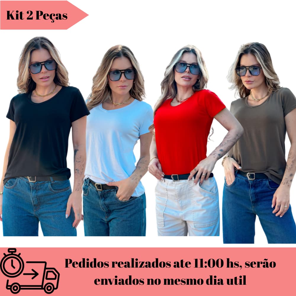 Kit 2 Blusas Feminina Manga Curta Gola V T-Shirt