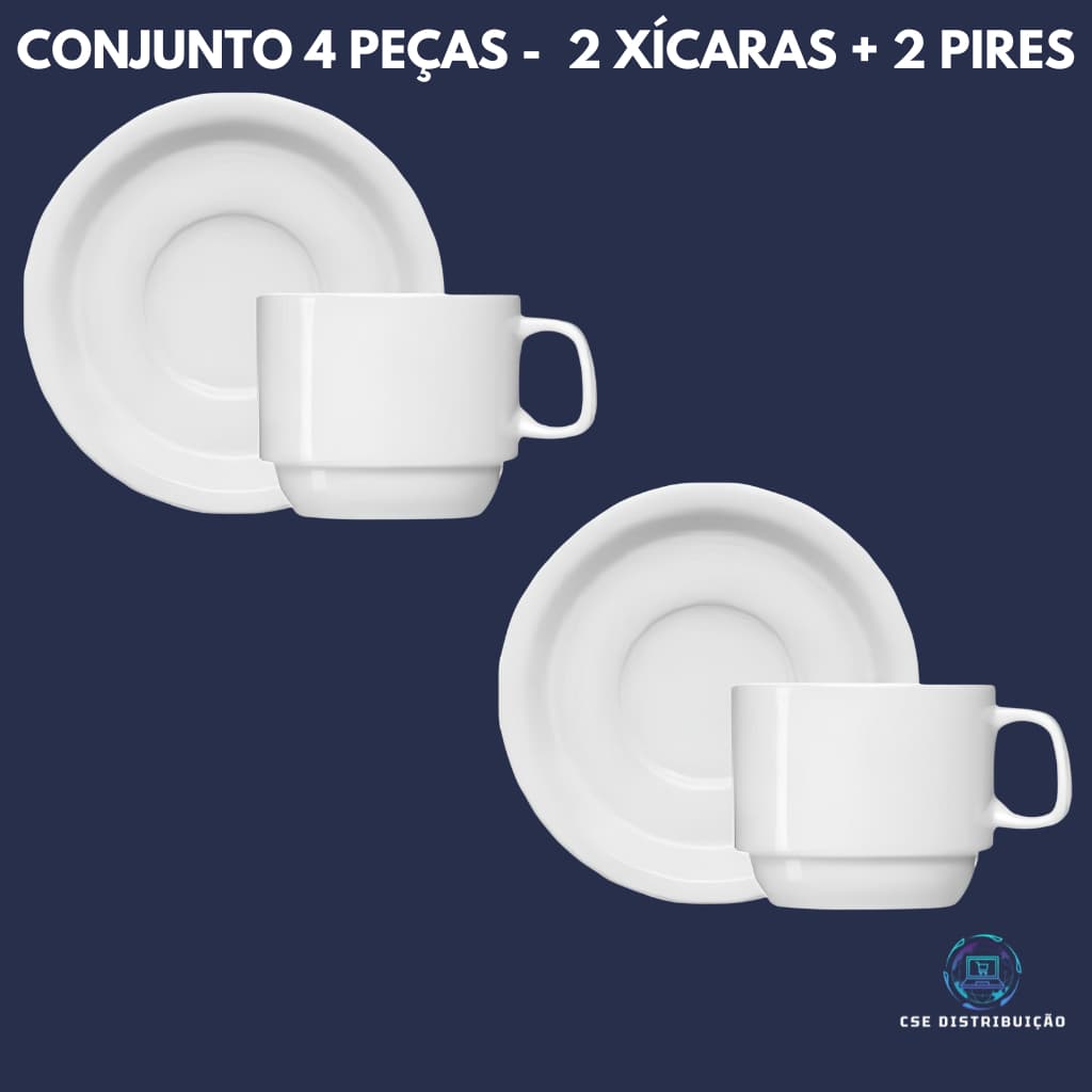 Conjunto kit 4 Pçs - 2 Xicara Porcelana Branca 200ml + 2 Pires Porcelana Branca (ENVIO IMEDIATO)
