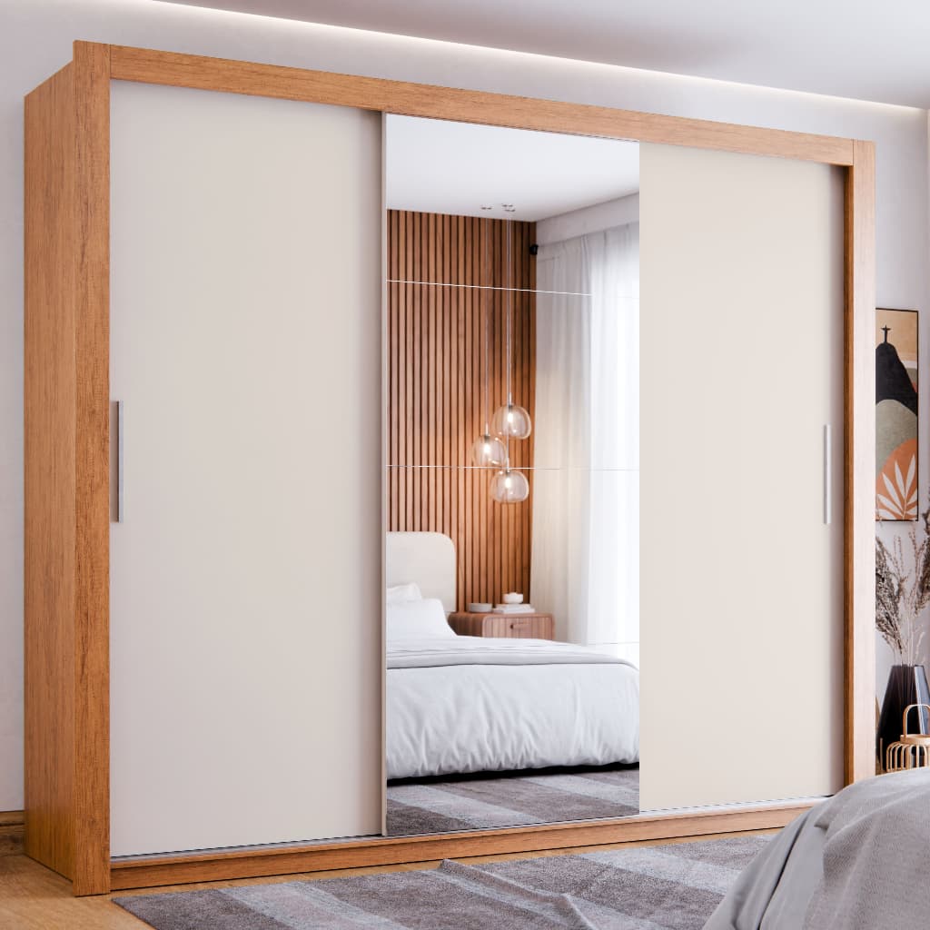Guarda-Roupa Casal com Espelho 3 Portas de Correr 4 Gavetas Grande e Moderno Maxi Plus