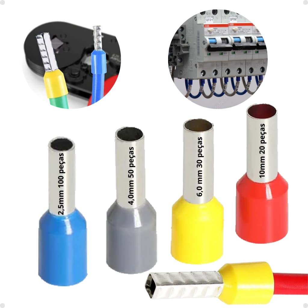 Tubular Ilhós terminal 2,5 4,0 6,0 10mm kit 200pçs crimpar