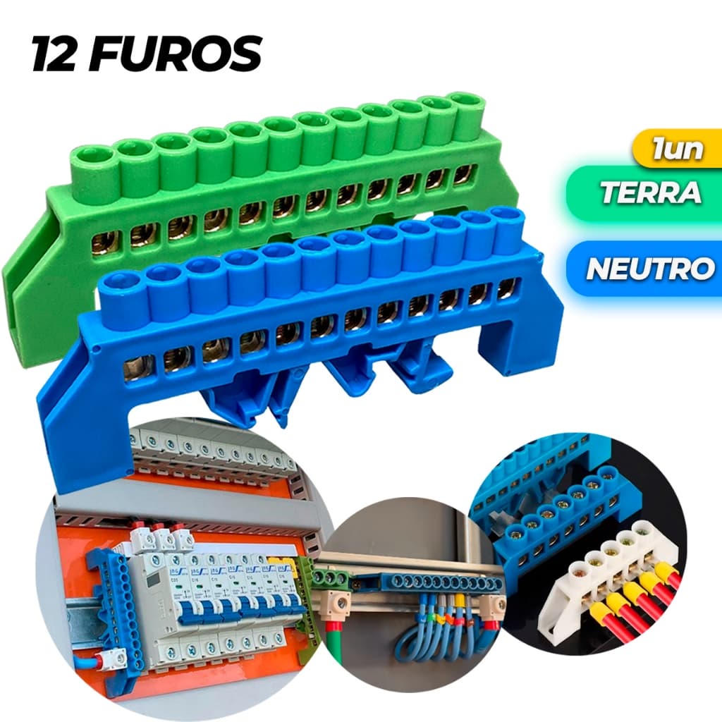 Barramento Borneira Neutro Ou Terra 12 Furos Fixação Trilho Din Barra Distribuição 12 Vias Saídas