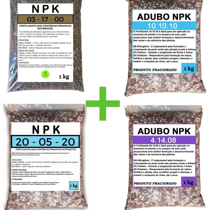 Kit Npk Cultivo 10.10.10 + 04.14.08 + 20.05.20 + 03.17.00 Hortaliças Rosas do Deserto Suculentas Manutenção