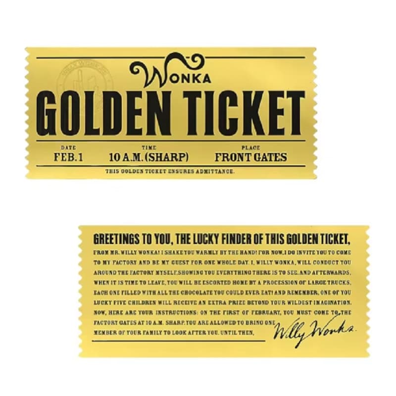 Cartão Golden Ticket Willy Wonka Fantástica Fábrica Chocolate alta qualidade