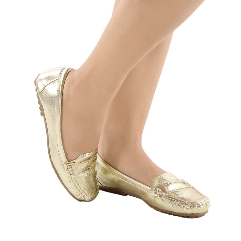 Mocassim feminino metalizado ouro sapatilha confortavel sapato leve elegante casual
