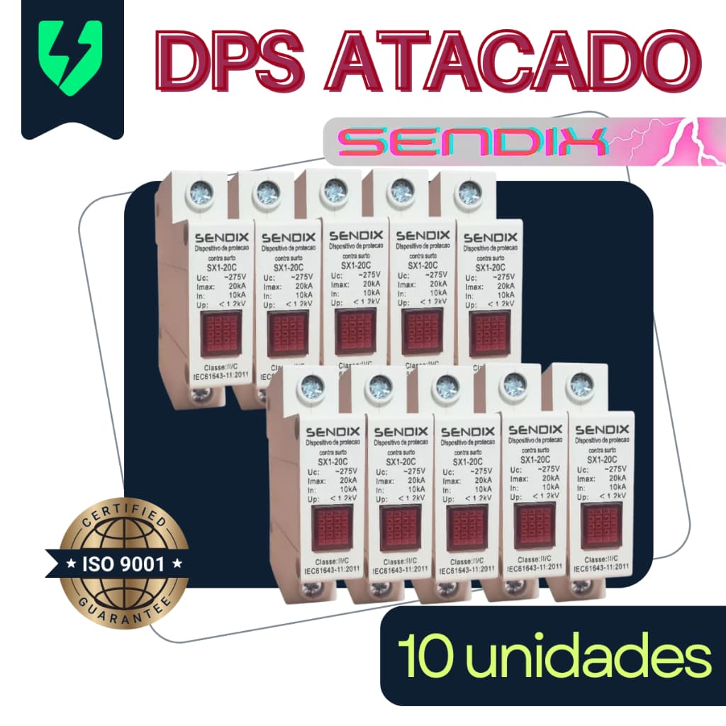 Kit DPS 45kA Dispositivo Proteção Surto Antiraio - Marca Sendix - KIT com 2/6/8/10 unidades