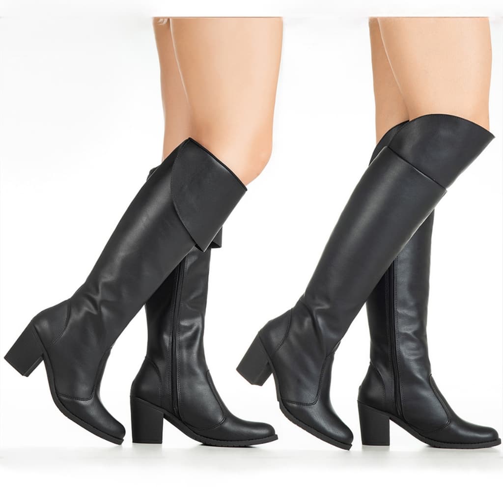 Bota Feminina GiGiL Over The Knee Montaria Bico Redondo Salto Alto Bloco Grosso Clássica Elegante
