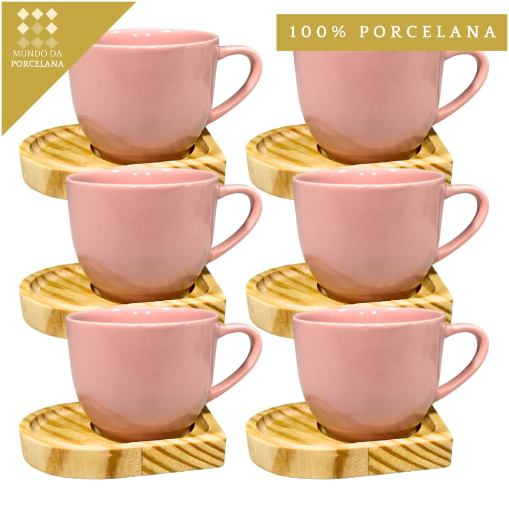 Xícaras Rosa de Porcelana com Pires Coração Madeira