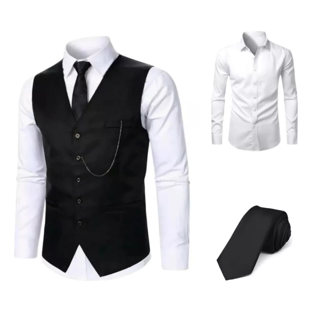 Kit Conjunto Camisa Social Slim + Colete Masculino + Gravata Luxo - Envio Imediato