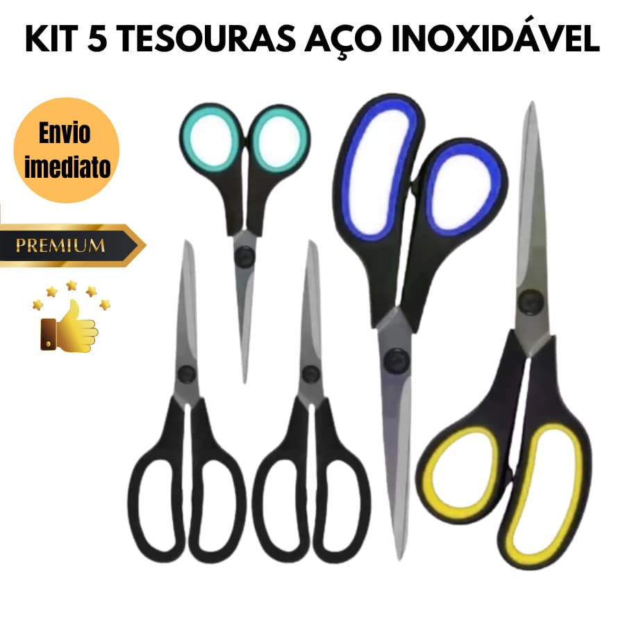 Kit 5 Tesouras de Aço Inoxidável  Multiuso e Alta Durabilidade tesoura dia dia grande pequena tesoura para ter em casa