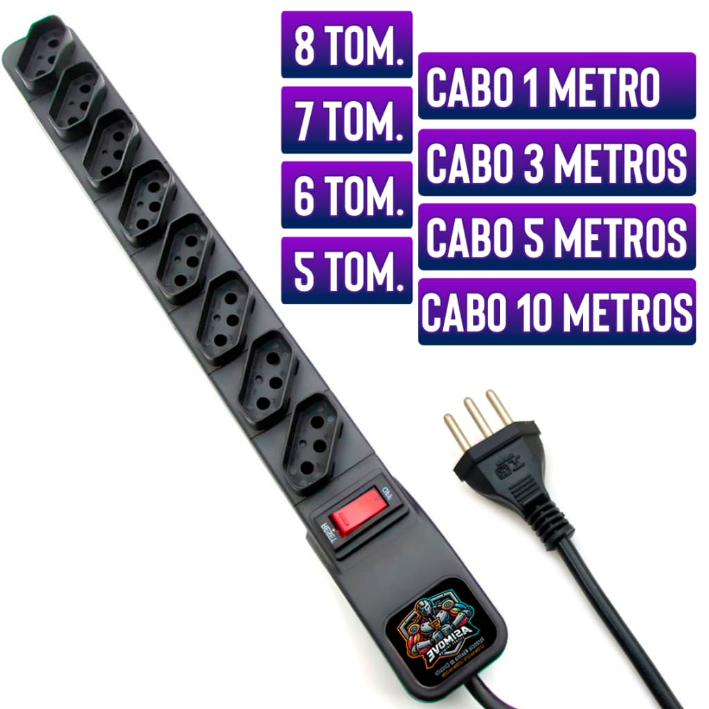 Filtro de Linha 5 6 7 e 8 Tom. Cabo 1mt 3mt 5mt 10mt Regua de Tomadas Premium