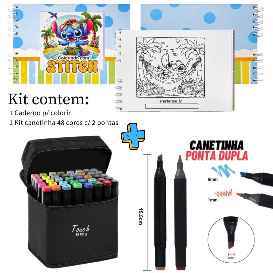 KIT Caderno de Colorir + Canetinha Duas Pontas - 48 cores, 50 páginas de Desenho ESCOLHA O TEMA