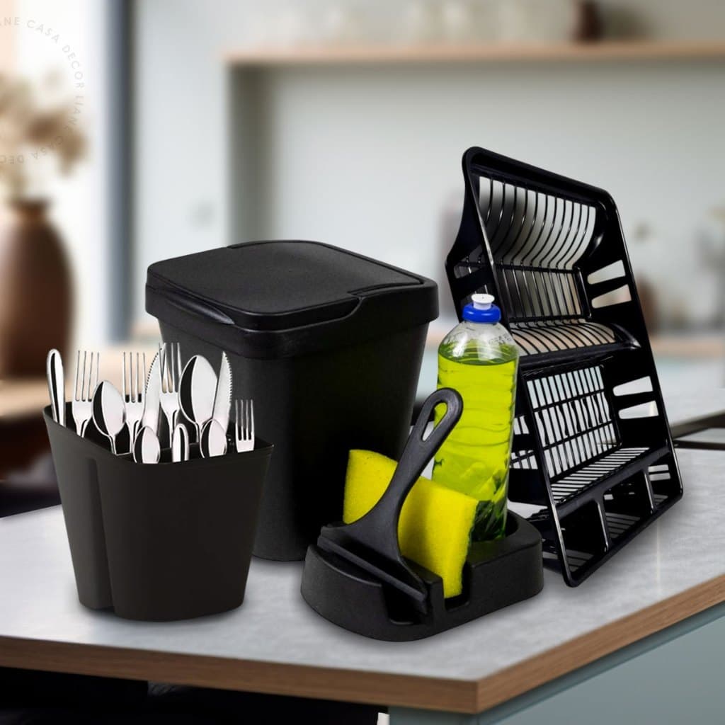 Kit Pia Cozinha Multiuso Lixeira Rodo de Pia Porta Detergente Porta Talher Escorredor de Louças 5 Pç