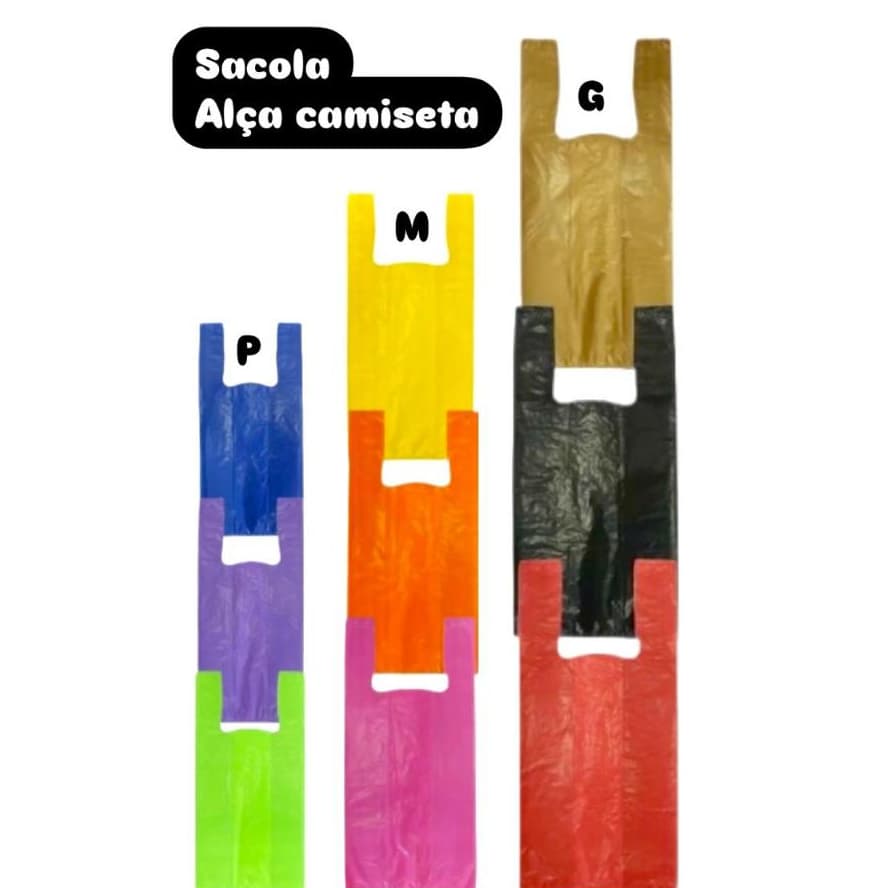 100 Sacolas Plásticas Reforçadas - P / M / G - Alça Camiseta Coloridas / Para Lojas