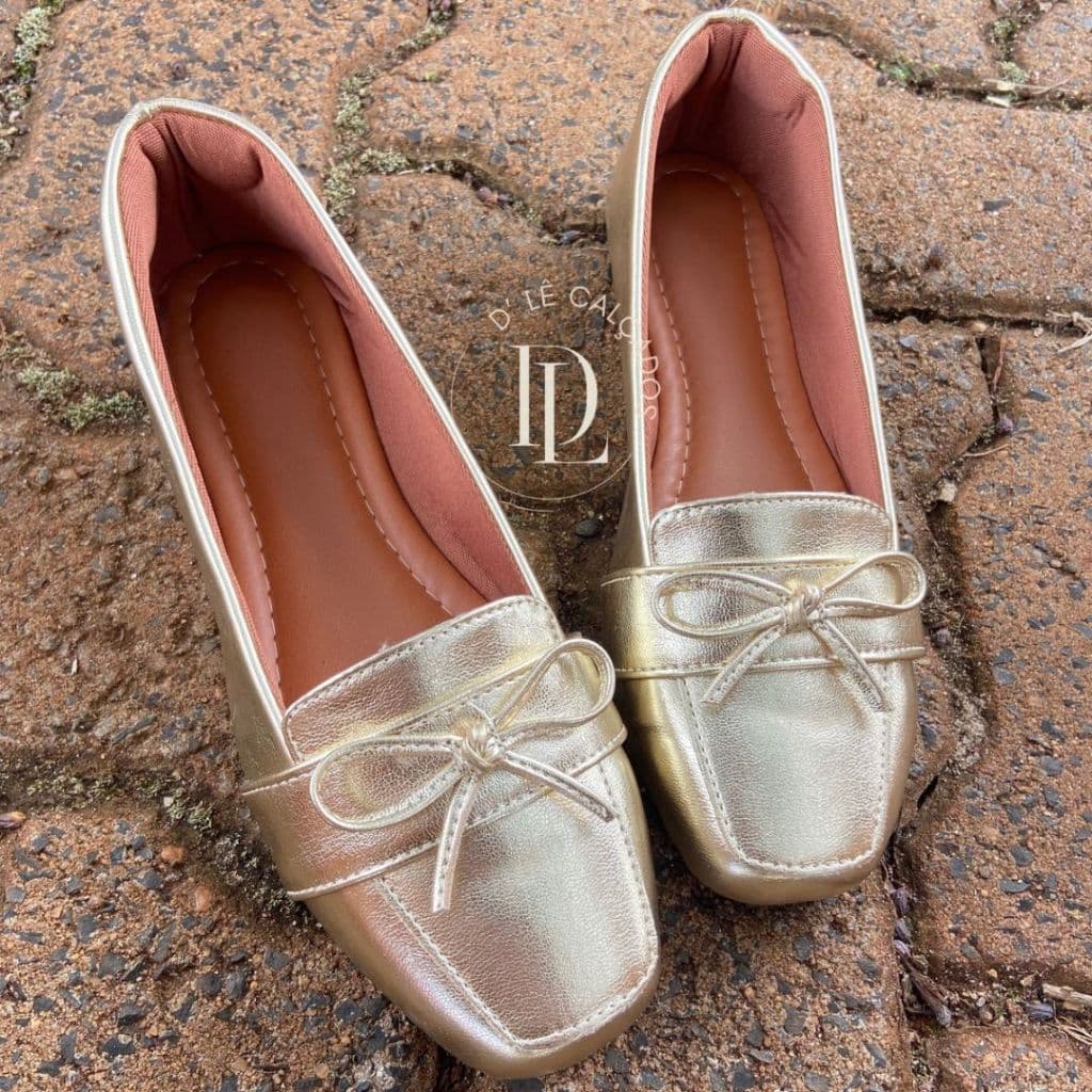 Mocassim Feminino Com Laço Bico Quadrado Luxo Sapatilha Dourada Sapato Feminino Outono Inverno