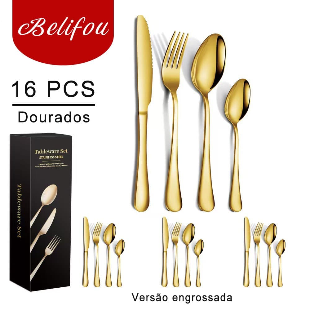 Belifou Kit 16/18/24 Jogo De Talheres Para Bife Aço Inoxidável 416 Dourados Colher Pequena