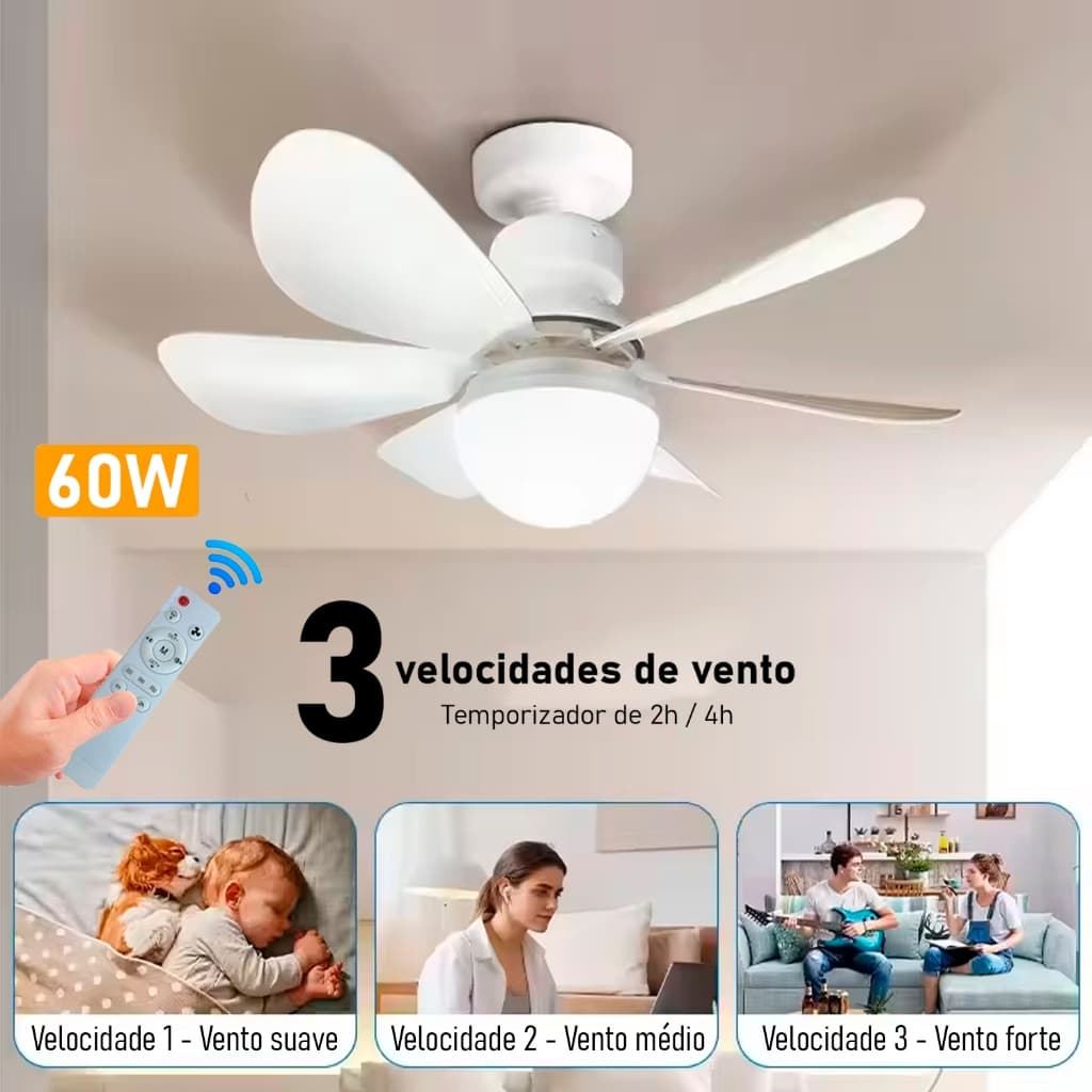 Ventilador de Teto com Lampada LED Integrada Bocal E27 6 Pétalas 60w 3 Velocidades C Controle Remoto