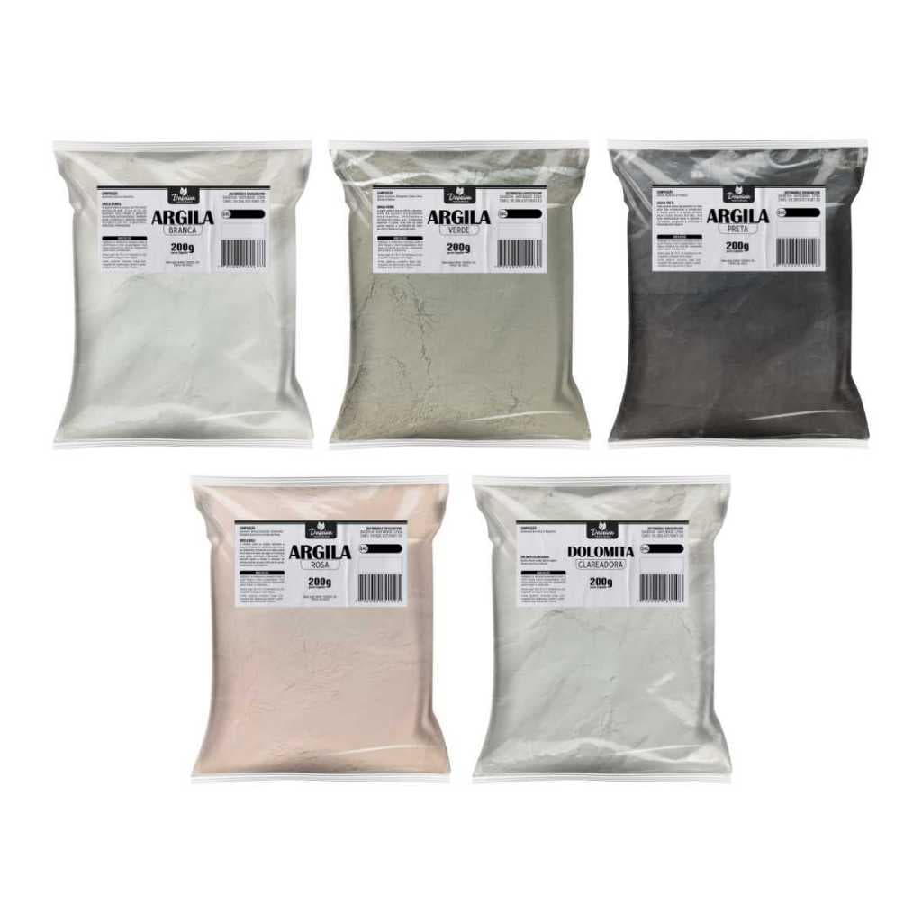Kit 5 Argilas de 200g (Verde, Rosa, Branca, Preta e dolomita) para máscara facial skin care