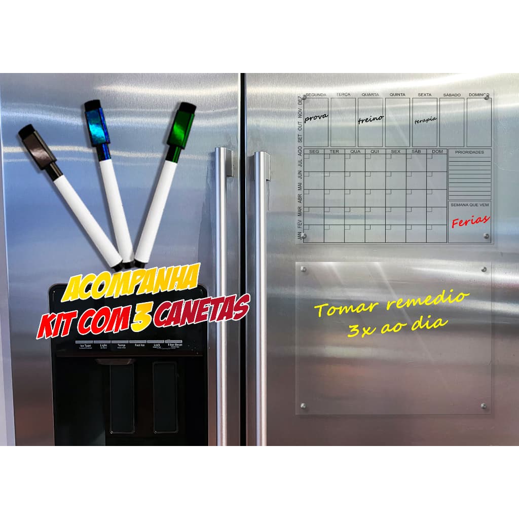 Ímã De Geladeira Planner Calendário Semanal Mensal Recados Anotações Acrilico Transparente com canetas Lousa