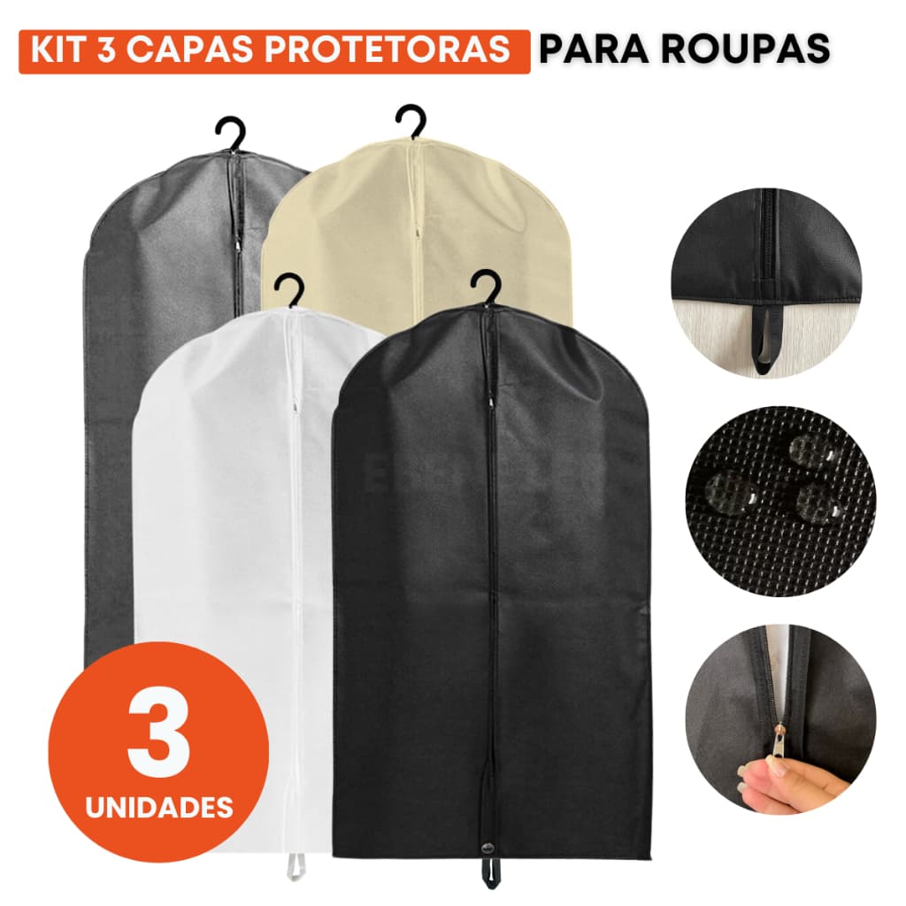 Kit 3 Capa Guardar Transportar Porta Terno Organizador Guarda Roupa Tnt