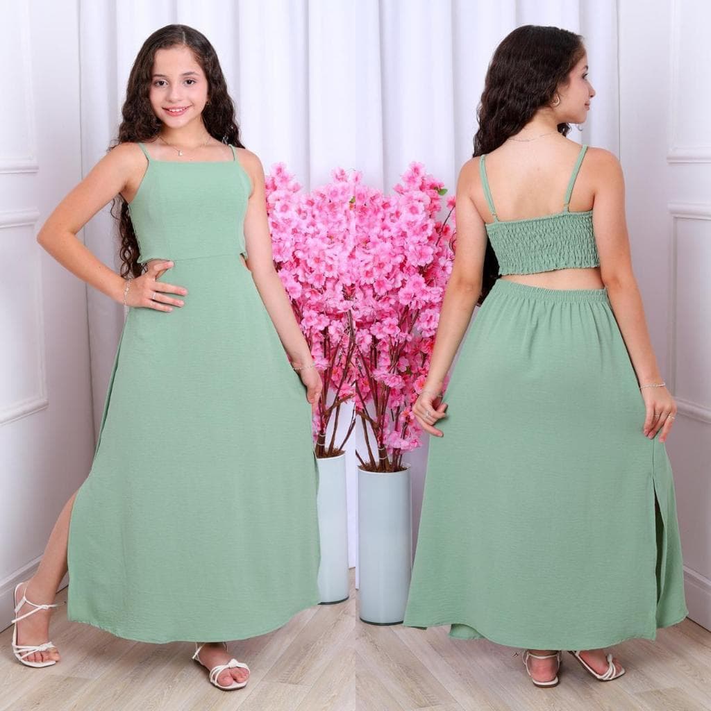Vestido Longo com Fenda Infantil Juvenil Abertura Lateral e Costas Alcinhas Ajustáveis Duna