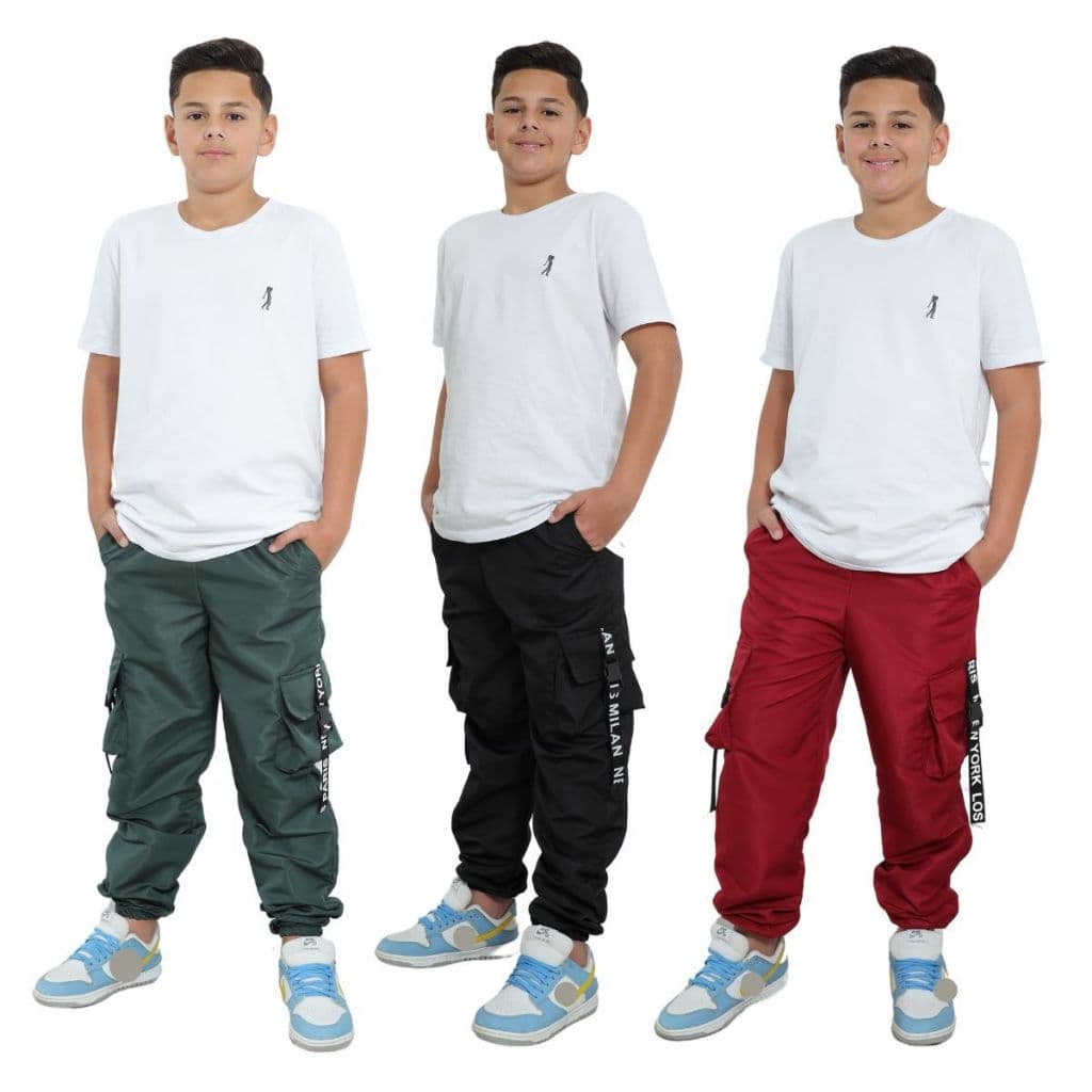 Kit 3 Calça Jogger Infantil Para Meninos Preta Vermelho Verde Tamanho 10 12 14 Anos Cargo 4 Bolsos Blogueiro Street Moda