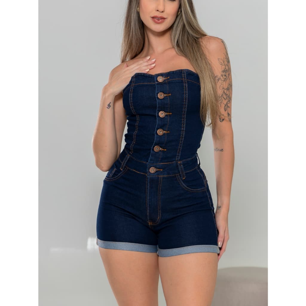 macaquinho  Jeans Feminina Tomara Que Caia Lycra Com Bortao