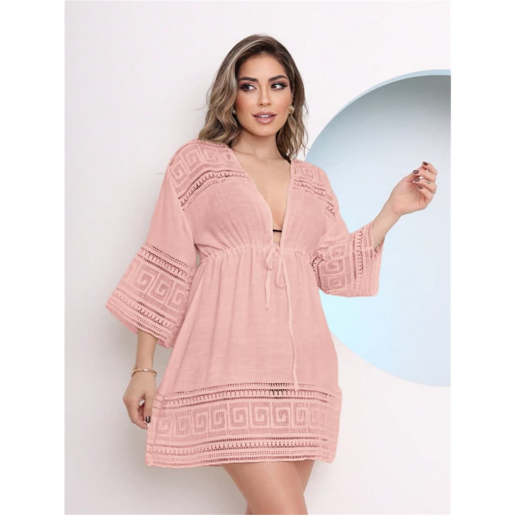 Saída de Praia Feminina Curta Kimono com Renda e Amarração