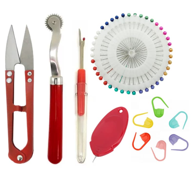Kit Completo de Costura Tesoura Arremate Passa linha Abridor de casa Carretilha Marca Ponto 40 Alfinetes