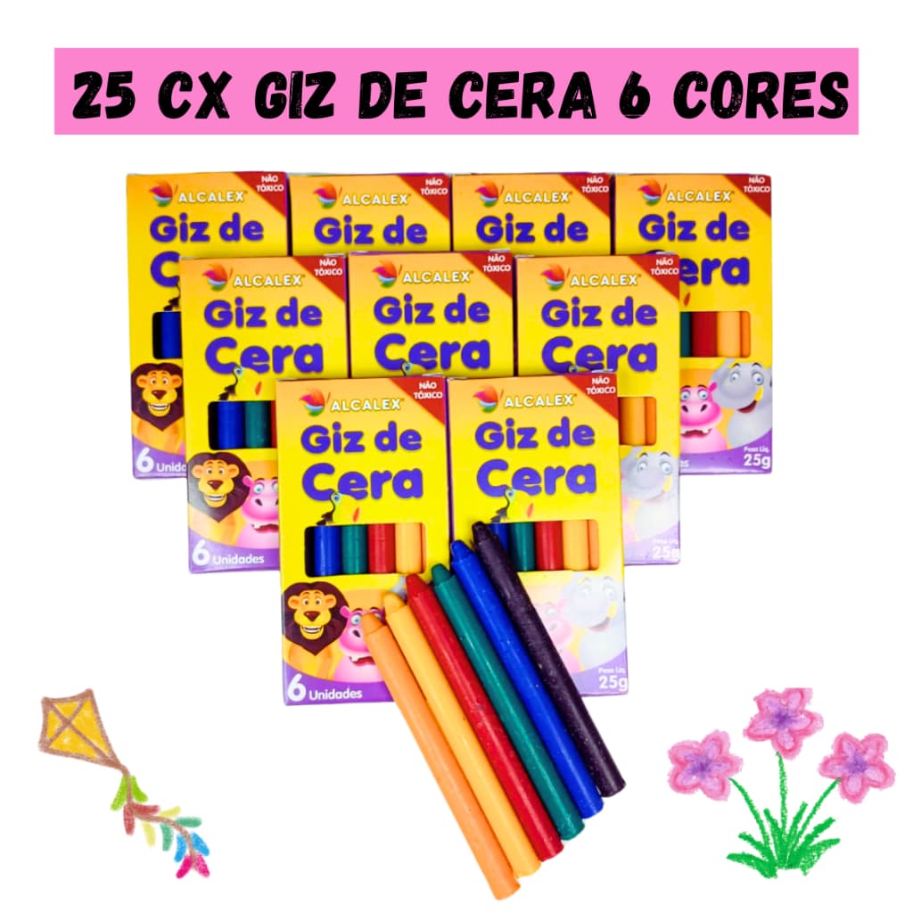 25 Cx Giz de Cera 6 Cores p/ Kit Festa Lembrancinha Infantil Prenda