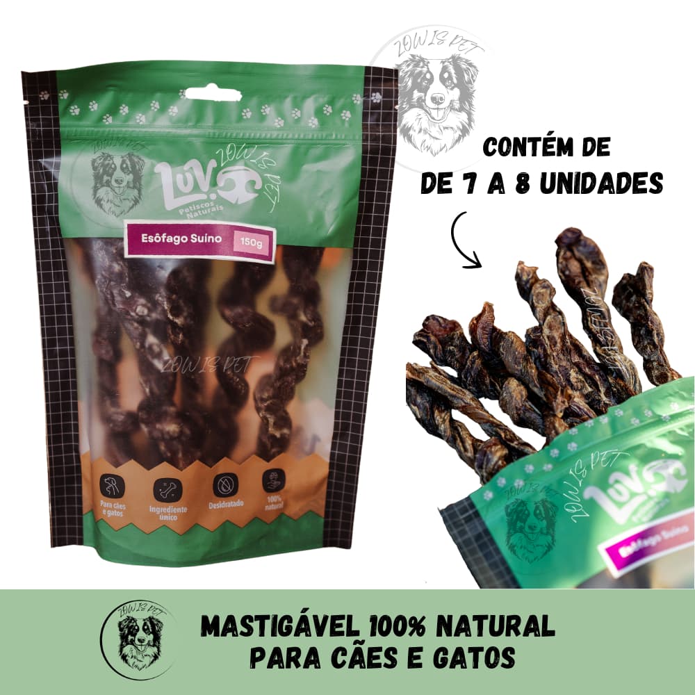Mordedor Mastigável 100% Natural Esôfago Suíno Desidratado Para Cães Cachorro 150g - Luv Petiscos