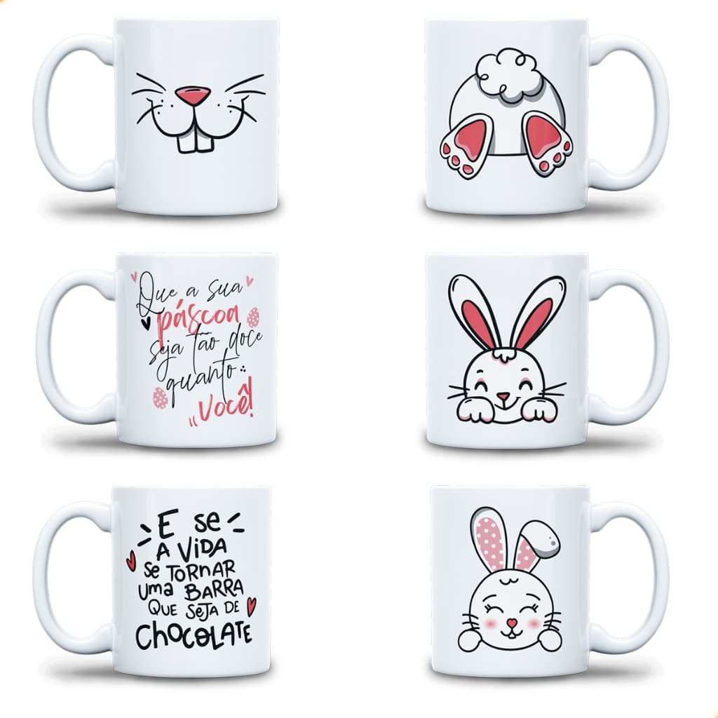 Kit Jogo De 6 Canecas De 310ml De Porcelana Decorada Pascoa Coelho Coelinho Ovo
