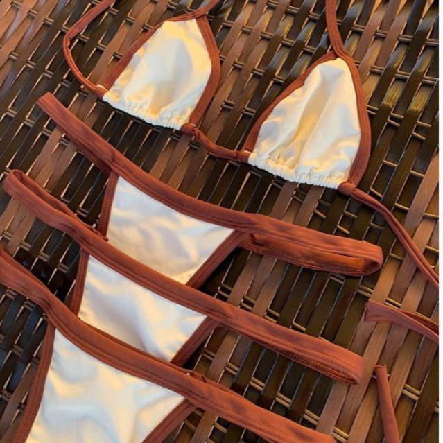 Biquíni Feminino Praia Conjunto Top Cortininha Calcinha Fita Marquinha Sem Bojo Bronze Fio Dental