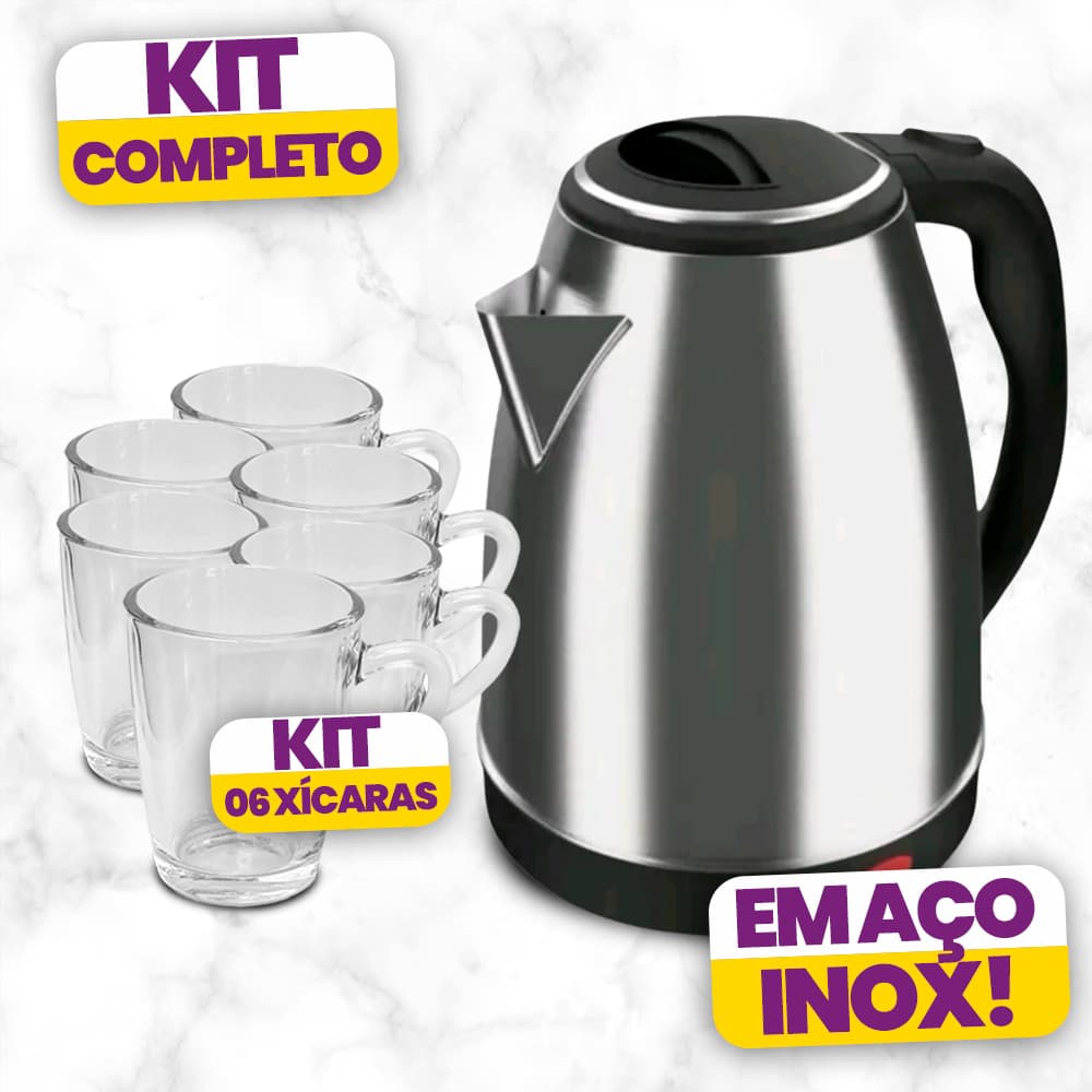 Kit Chaleira Elétrica 110V c/ 6 Xícaras 86ml de Vidro Conjunto para Café Chá