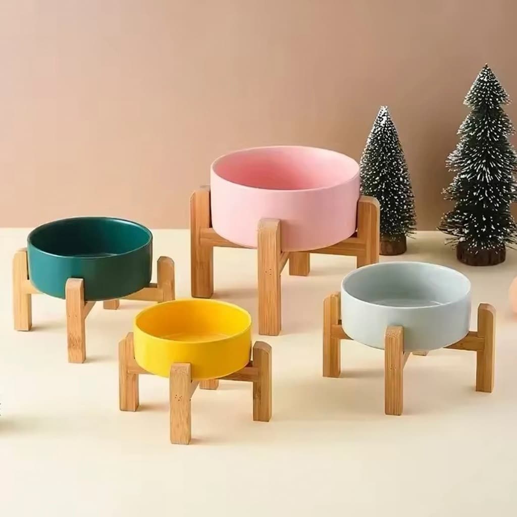 Comedouro Elevado Para Gatos Cerâmica Unitário Bambu Cães