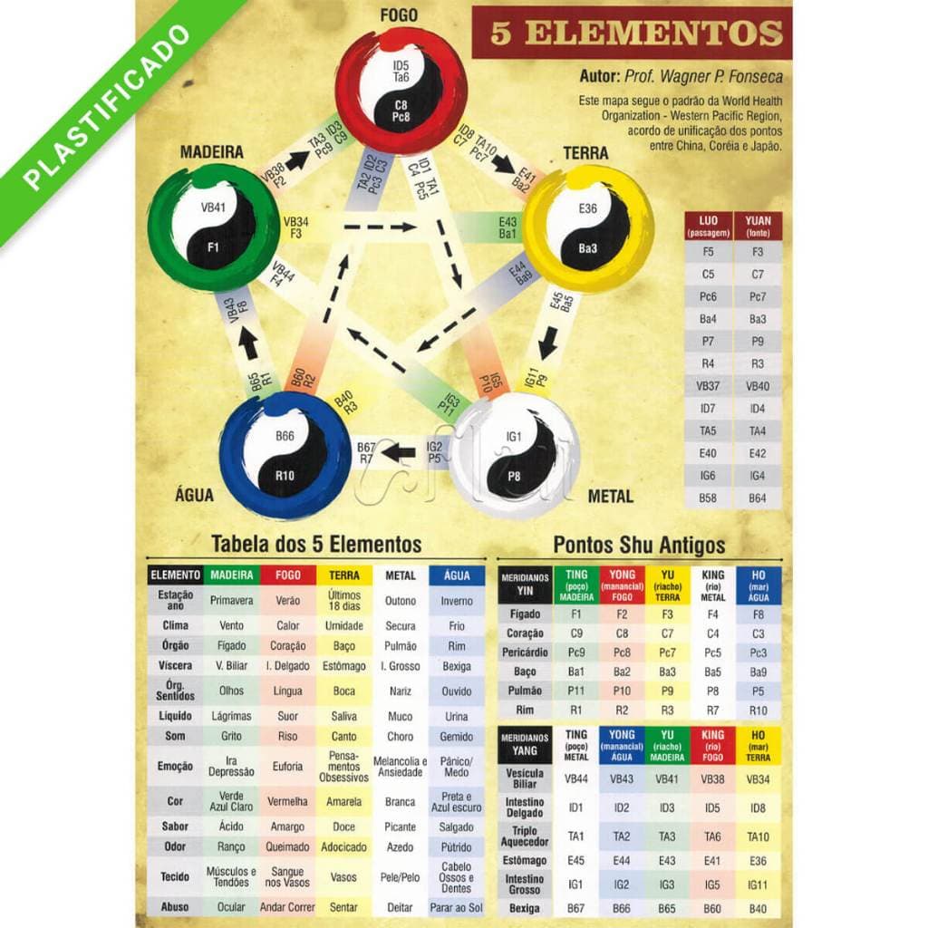 Mapa Cinco Elementos Acupuntura - A4 Plastificado