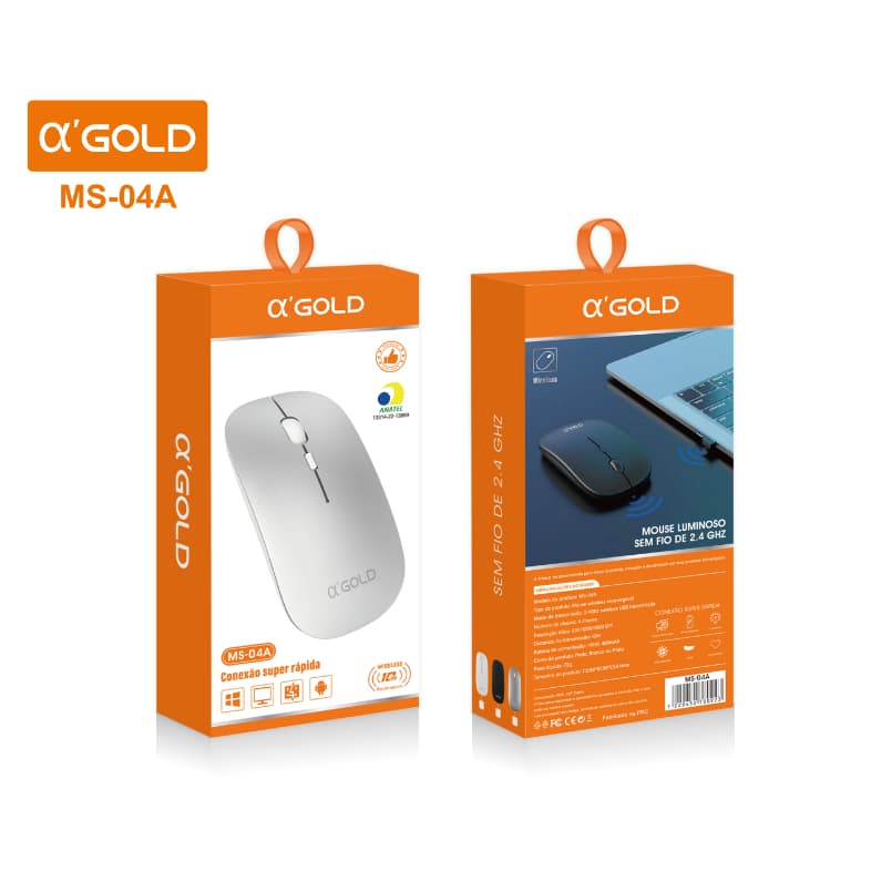 Mouse Sem Fio 2.4GHz Recarregável USB Ergonômico Wireless - Cor Prateado MS04A