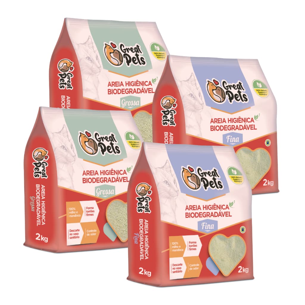 KIT 4 Areias Para Gatos Biodegradavel Mandioca Milho Fina Grossa 8kg - Great Pets
