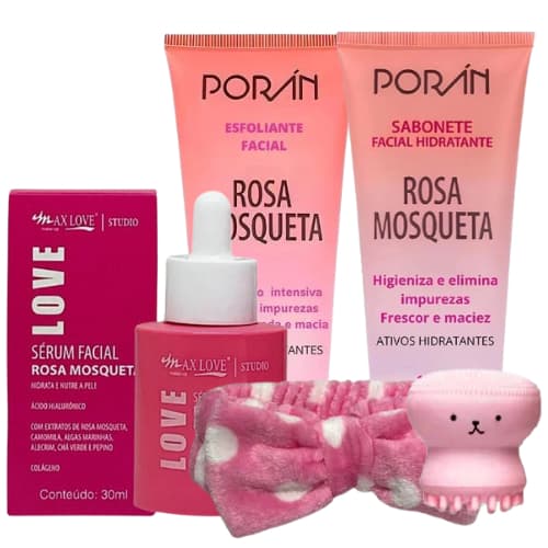 Kit Rosa Mosqueta Skin Care Limpeza Facial Completo com sabonete e esfoliante e serum