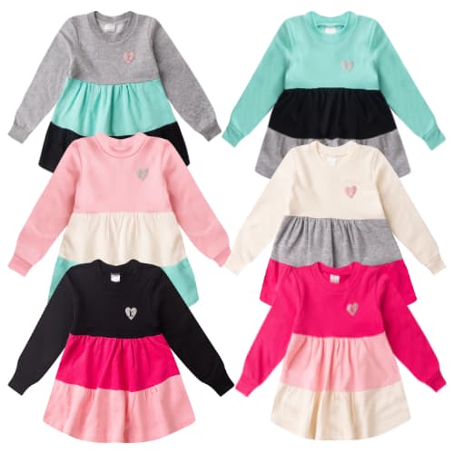 Vestido Manga Comprida  3 Marias Moletom 100% Algodão Outono Inverno Feminino Menina Multicolorido