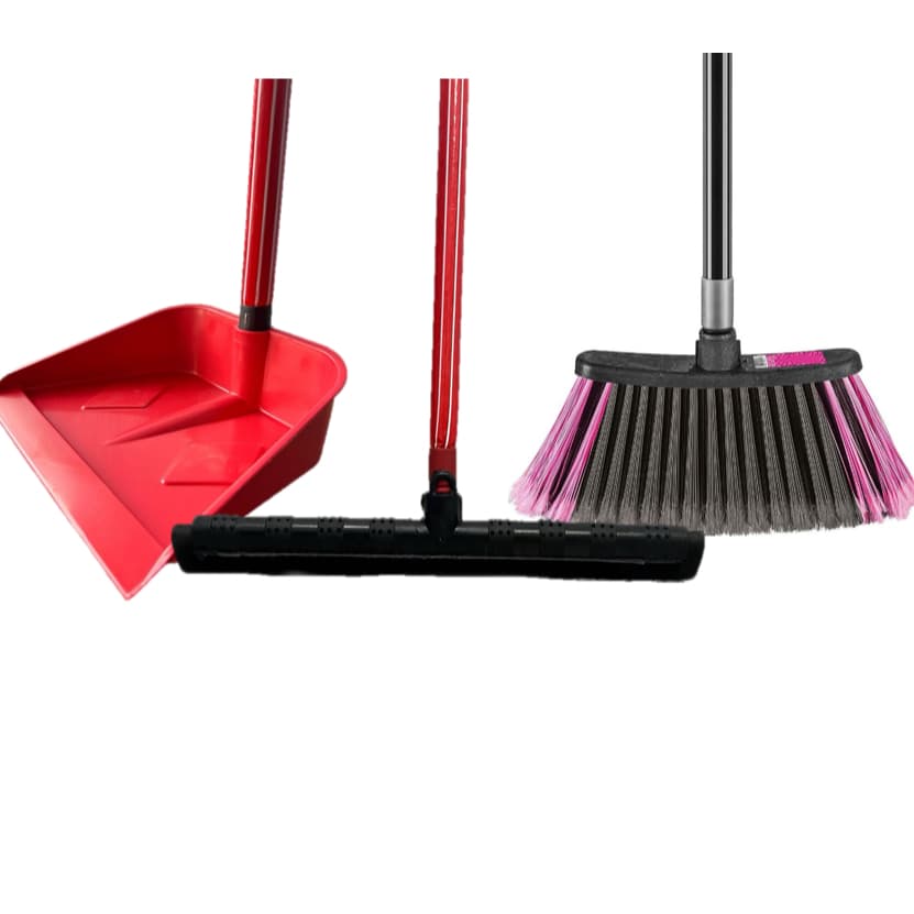 Kit Limpeza Vassoura, Rodo Duplo de 40cm e Pá de Lixo S/ Cabo
