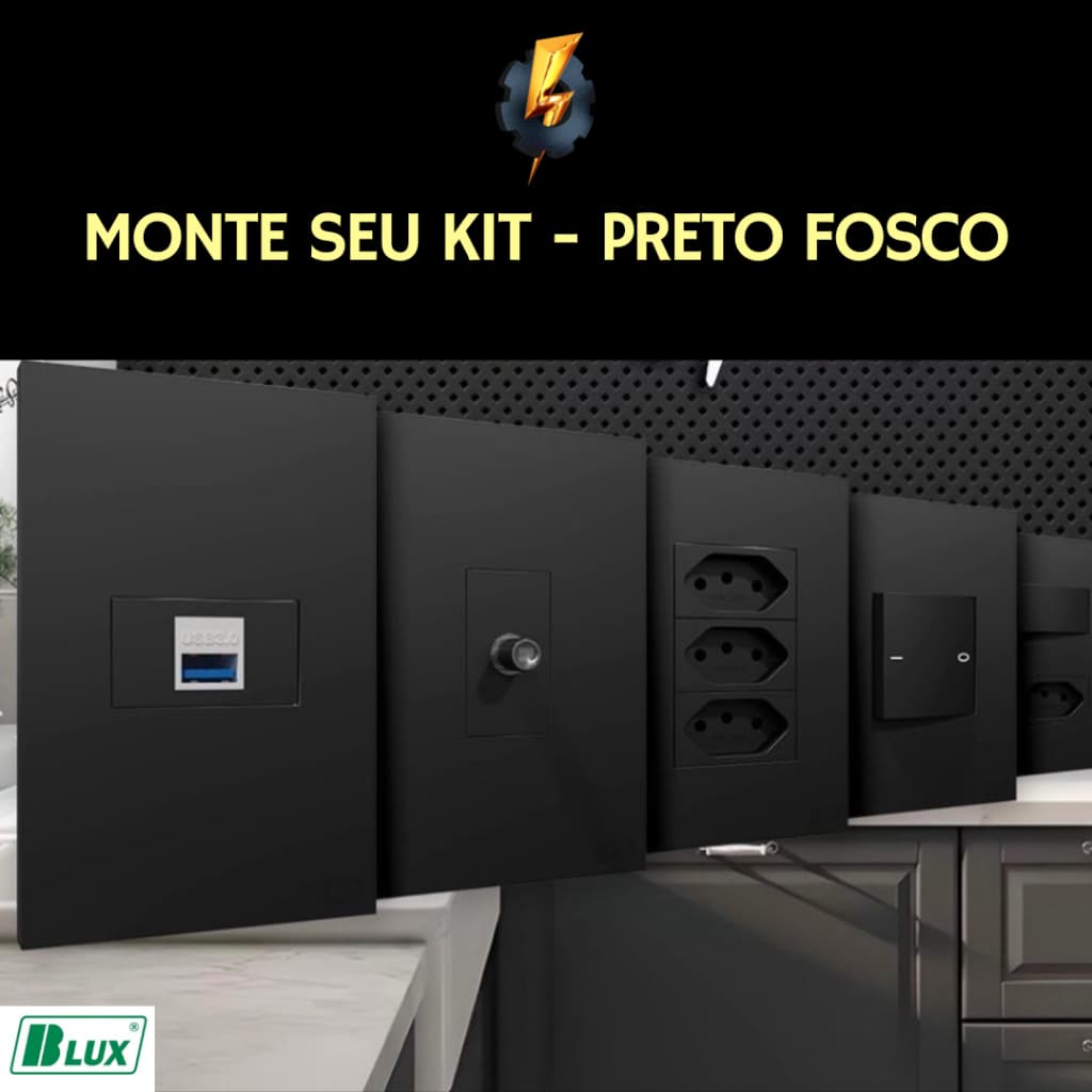 Monte seu kit Tomada 10a, 20a, Interruptor, RJ45, tomada vermelha, tomada dupla Preto Fosco Recta Blux 4x2
