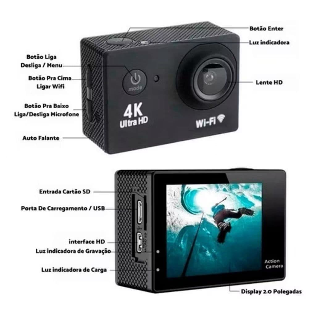 NOVA - Câmera Esportiva Gopro 4K Ultra HD WiFi 30M à Prova d'água Com ou Sem Controle Remoto