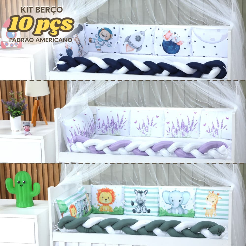 Kit Berço Americano Nacional 10 peças Mosquiteiro Protetor Trança Cabeceira Micropercal Luxo padrão