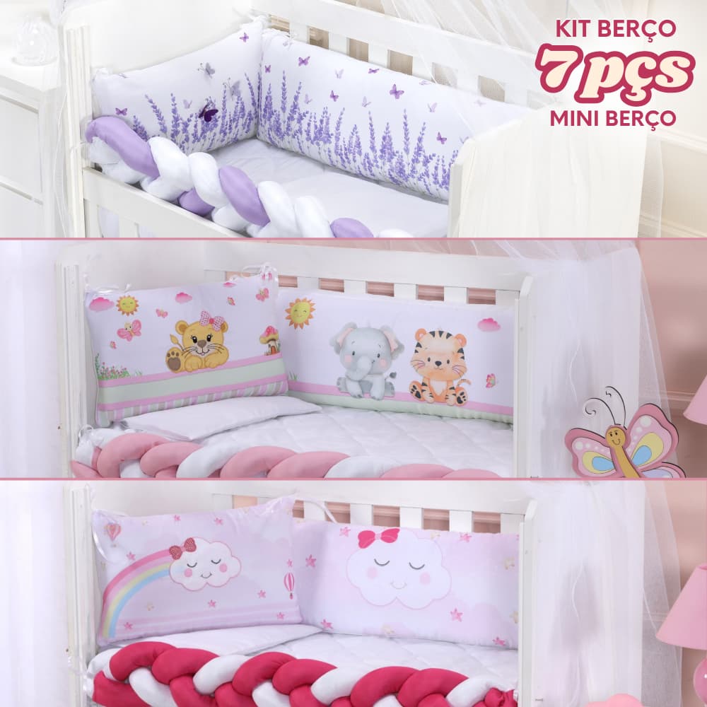 Kit Mini berço menina com trança Safari Rosa Lavanda Lilás Nuvem Pink 7 peças mosquiteiro edredom