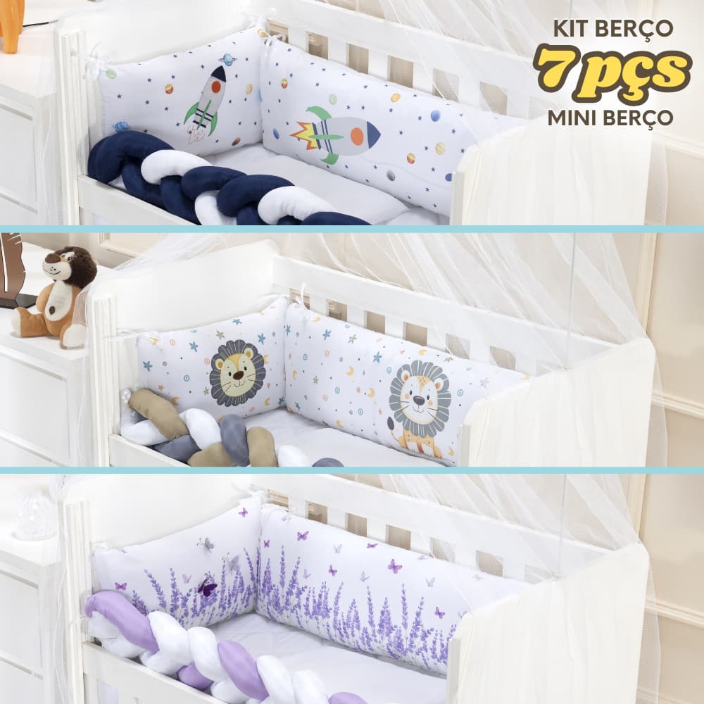 Kit Mini berço menino menina 7 peças com trança protetora Leão Safari Astronauta Lavanda Nuvem Rosa